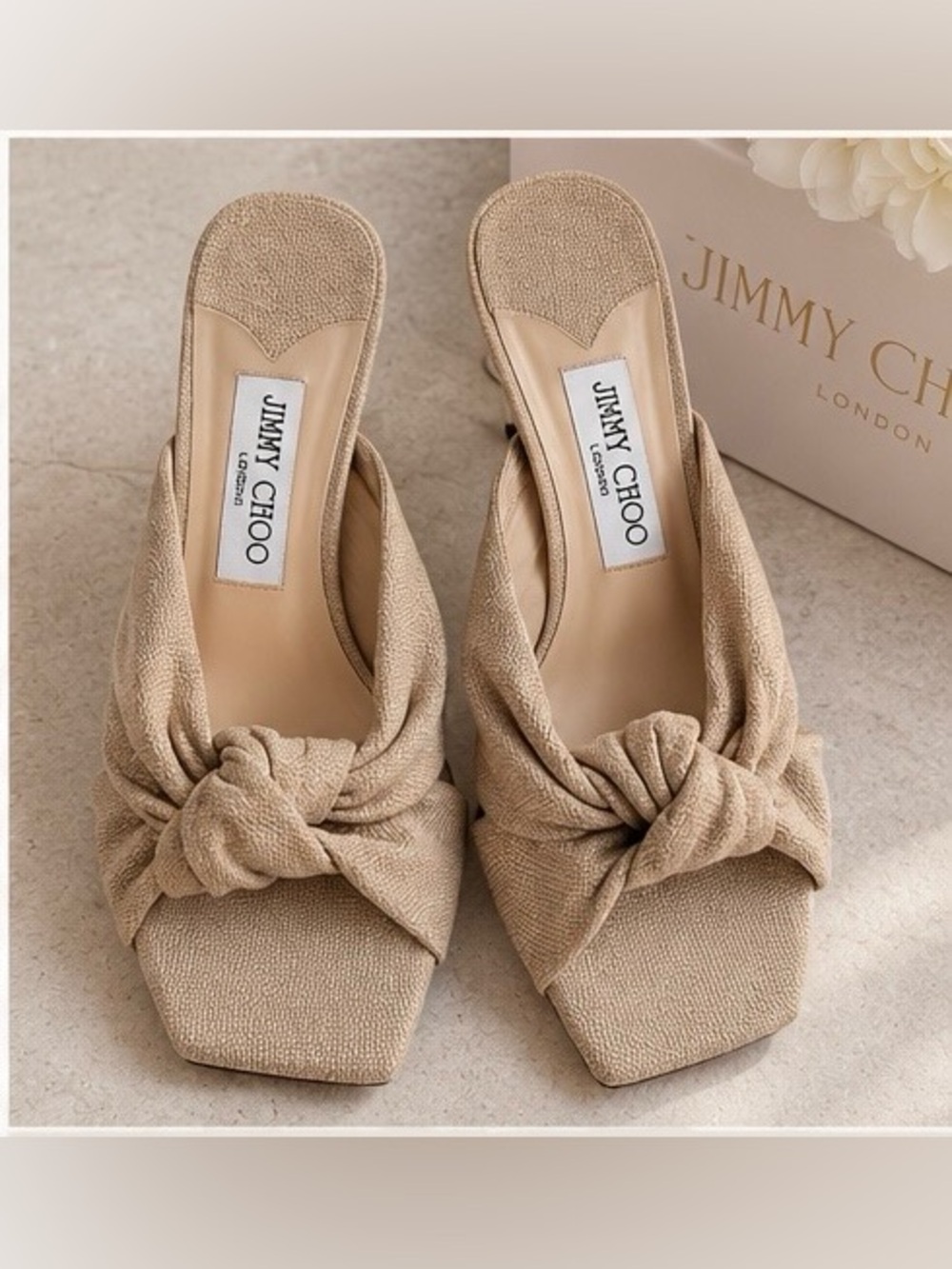 Jimmy Choo Avenue 50 Ballet Pink Linen Knot Mule Heels EU 37 / US 7 NWOT